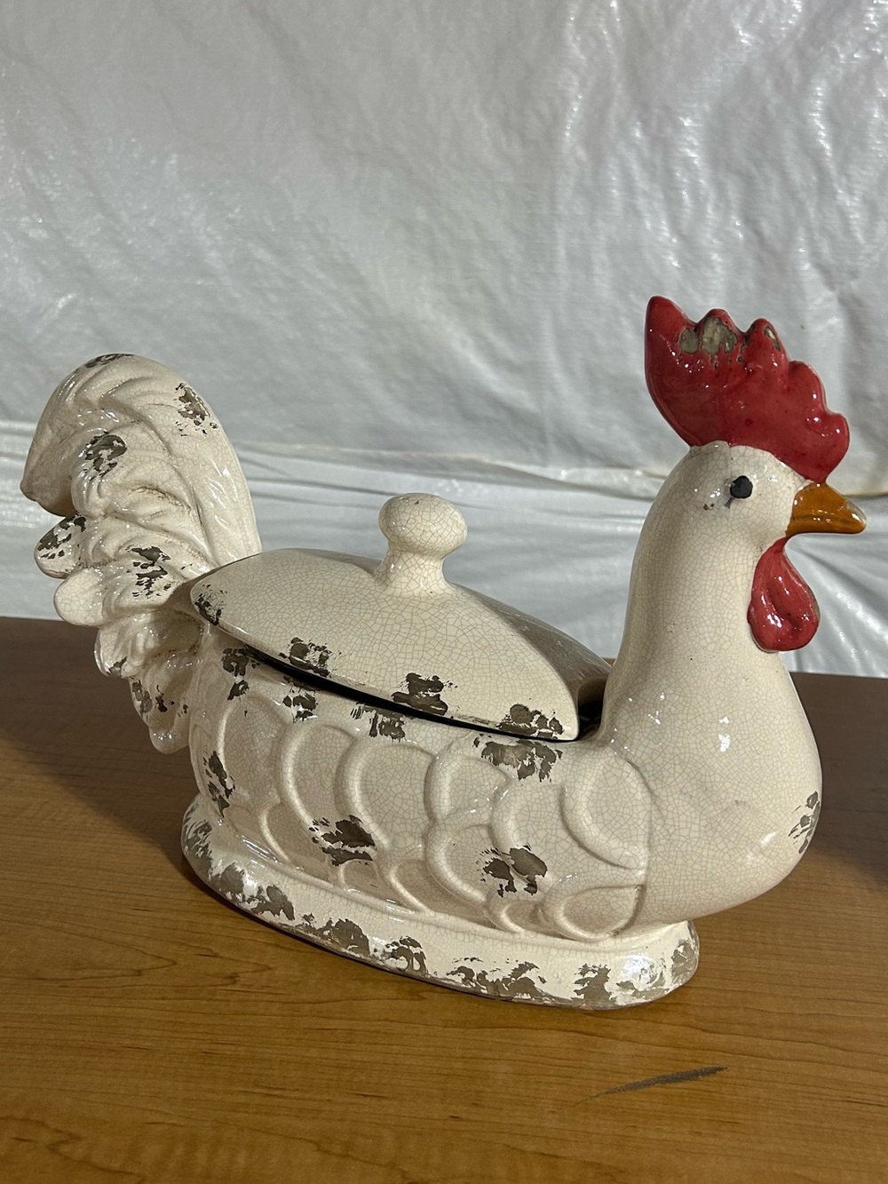 Ceramic Red-Accent White Rooster Decorative Lidded Dish - Home Art - Picture 4 of 7